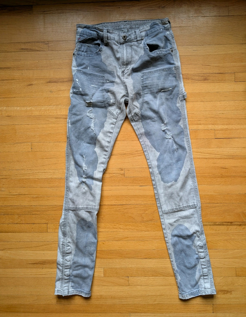Streetz Iz Watchin Men's Gray Skinny Slim Fit Distressed Jeans W/ Buttons On Hem